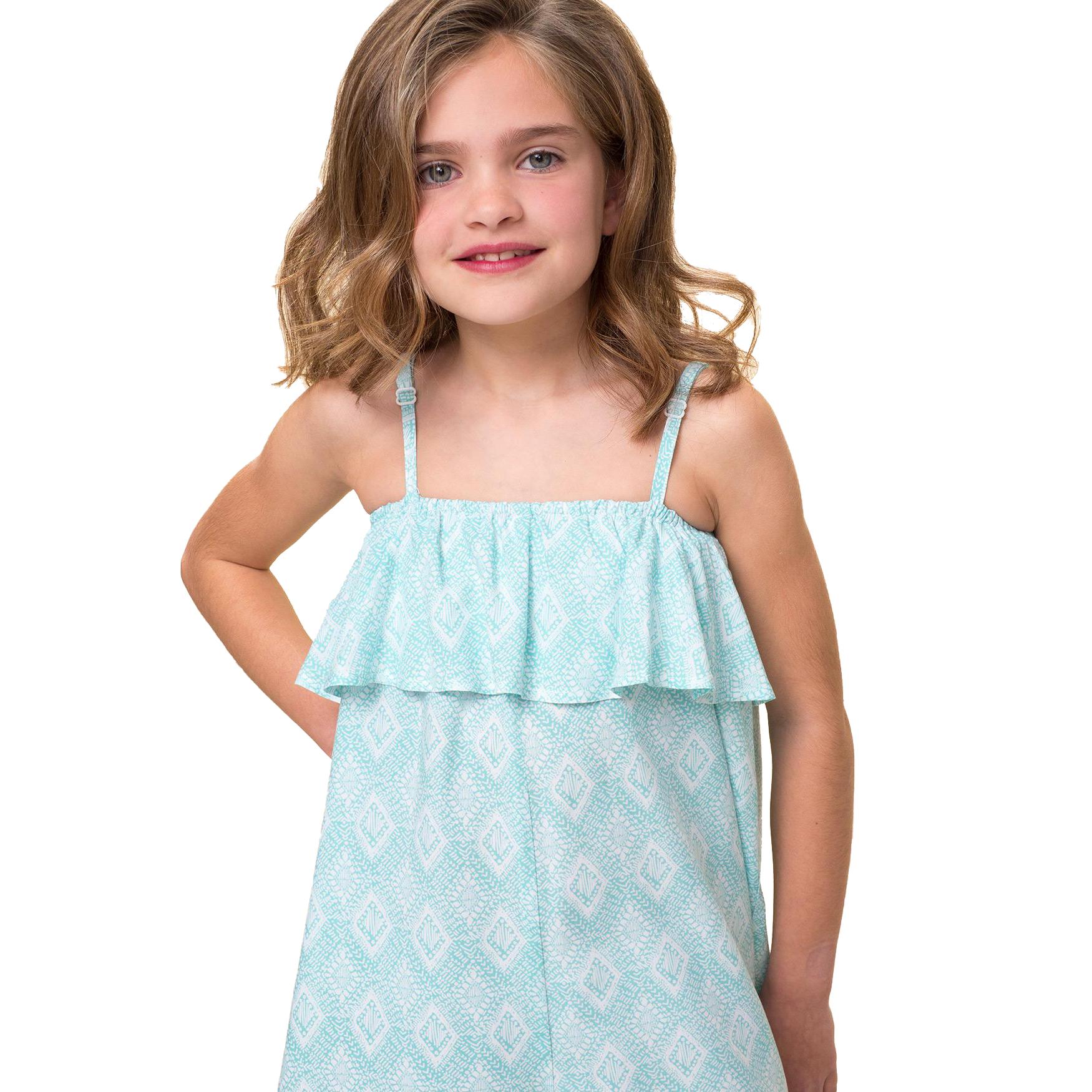 Mono Corto de Verano para Niña Petit Alo Azul Turquesa Tirantes Regulables, Volante, Estampado Étnico Fresco y Ligero