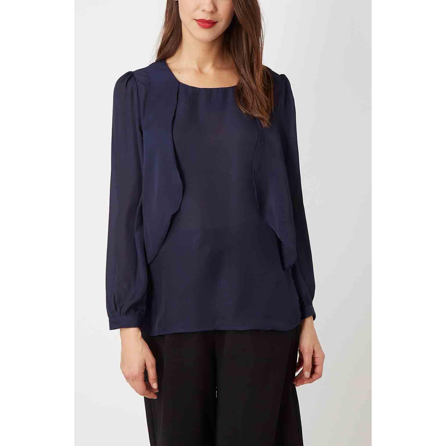 Blusa mujer azul, top elegante, modelo LA-190069, manga larga, cuello redondo, volantes delanteros, cierre lágrima, tela ligera ligeramente transparente, talla 38, ideal oficina, cómoda, sofisticada, ✅Entrega 24/48h
