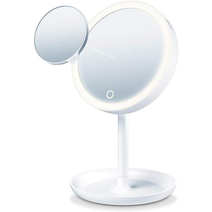 Beurer Bs 45 Espejo Cosmético De Maquillaje Iluminado, Anillo De Luz 28 Led, Botón Sensor Táctil, Espejo Extra Magnético Con Aumento De 5 Veces, Funci