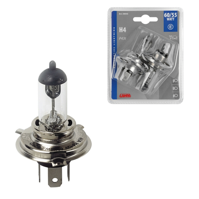 Blister 2 Lámparas Bombillas Homologadas H4 12V 60/55W P43t E LAM58043
