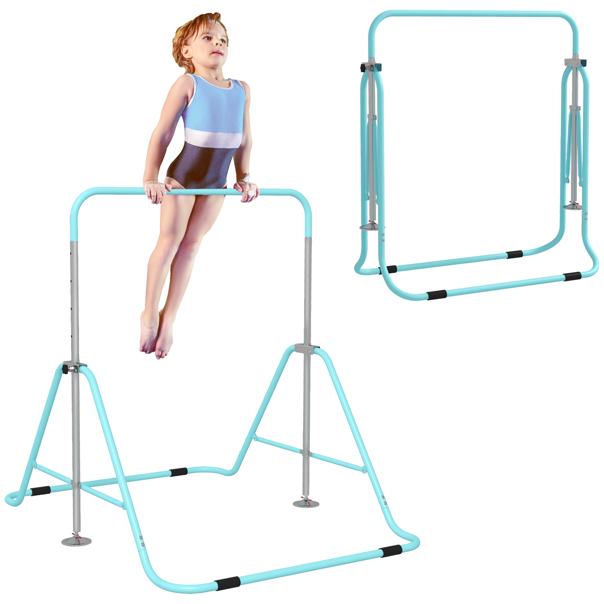 HOMCOM Barra de Gimnasia Artística, Barra Horizontal Plegable, Altura Ajustable, Equipo de Gimnasia para Entrenamiento en Casa, para Niños y Niñas, Verde