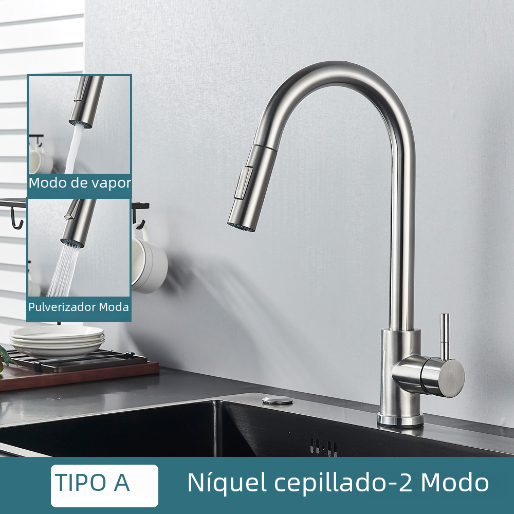 Grifo de Cocina Negro de dos funciones, cóctel extraible de un solo Mango, Grifos de Agua Caliente y fría Montadas en cubierta