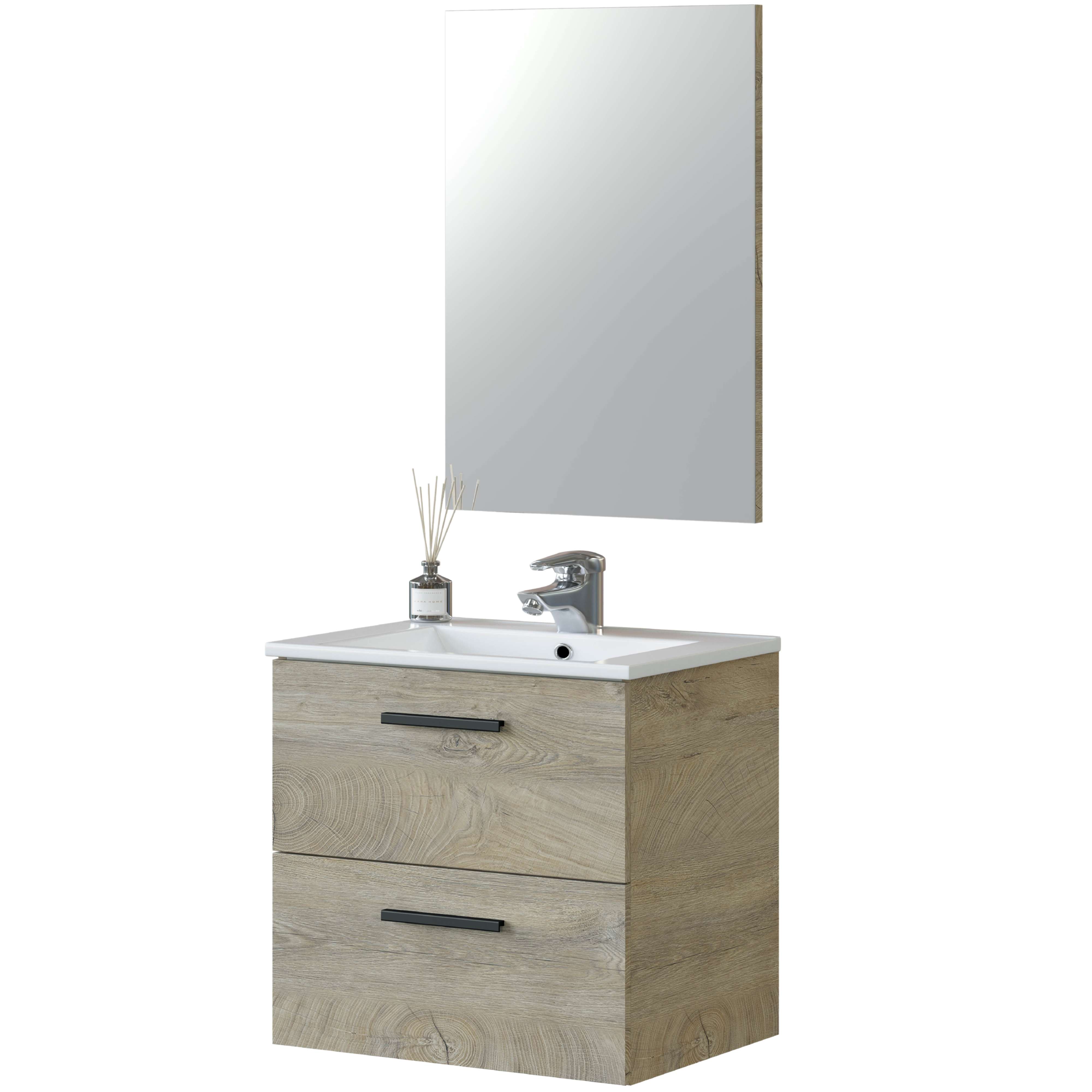 Miroytengo Mueble de Baño Aruba Estilo Natural en Color Roble Alaska con 2 Cajones + Espejo 57x60x45 cm (Lavabo Opcional)