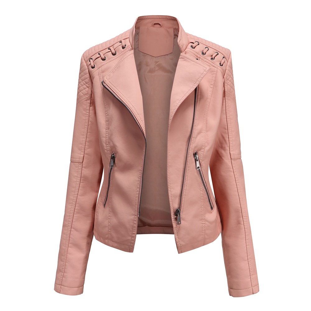 TK Chaqueta de cuero para mujer, estilo corto, corte ajustado, abrigo de cuero ligero, chaqueta de motociclista para mujer