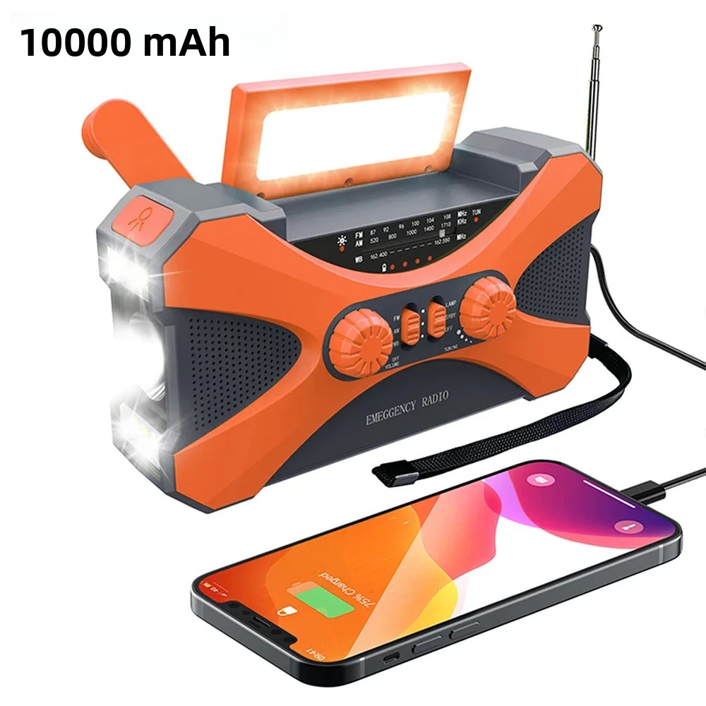 TK Radio De Emergencia Portátil 10000mAh Con Solar Y Manivela LED Linterna Banco DE LA Energía Recargable AM FM NOAA Weather Radio Cargador USB