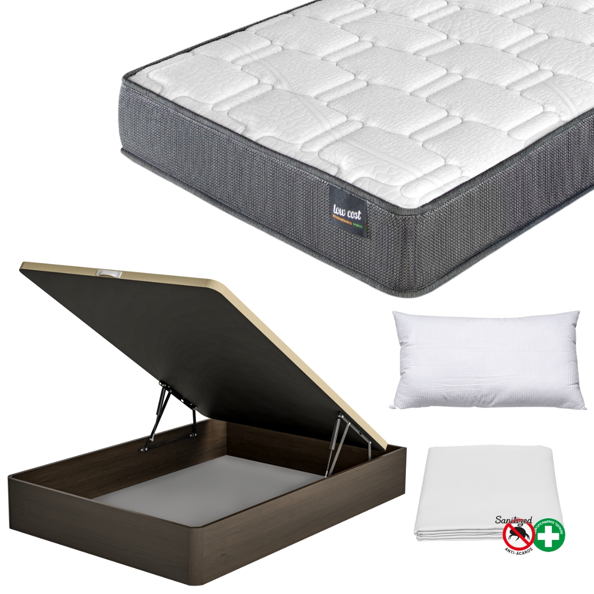 FACTORY COLCHÓN - Pack Colchón Viscoelástico LowCost + Canapé De Madera Hard + Almohada + Funda De Colchón