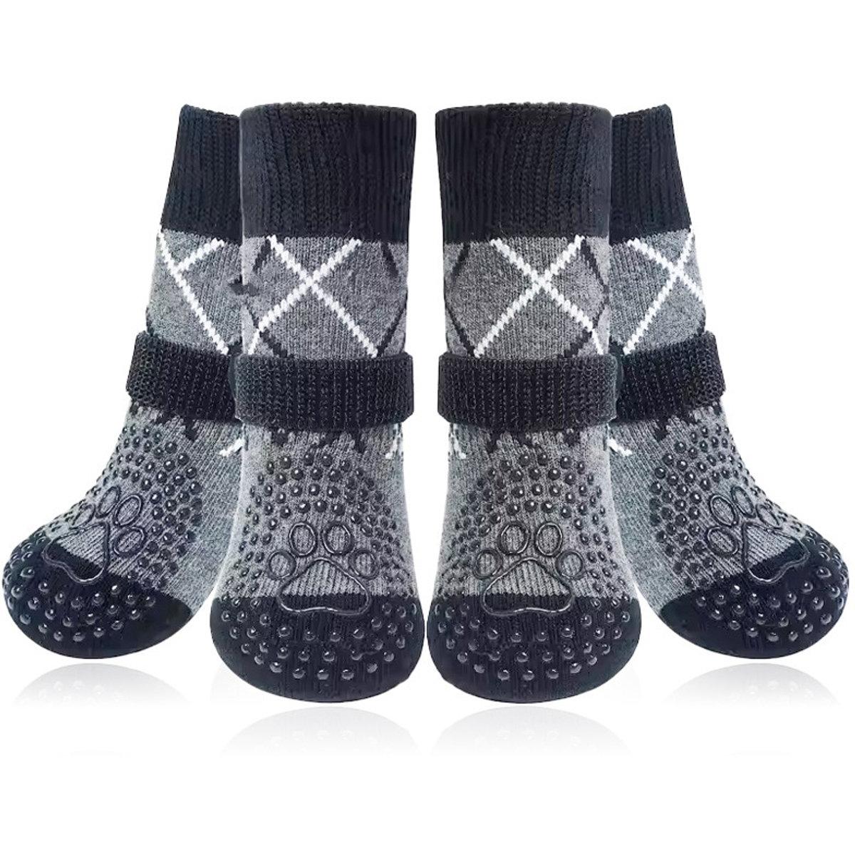 Hondenschoenen，Set van 2 antislip hondensokken, voorkomt dat de hond aan zijn poten likt, geschikt voor hardhouten vloeren, antislip bescherming voor voeten en poten, grijs, maat XS