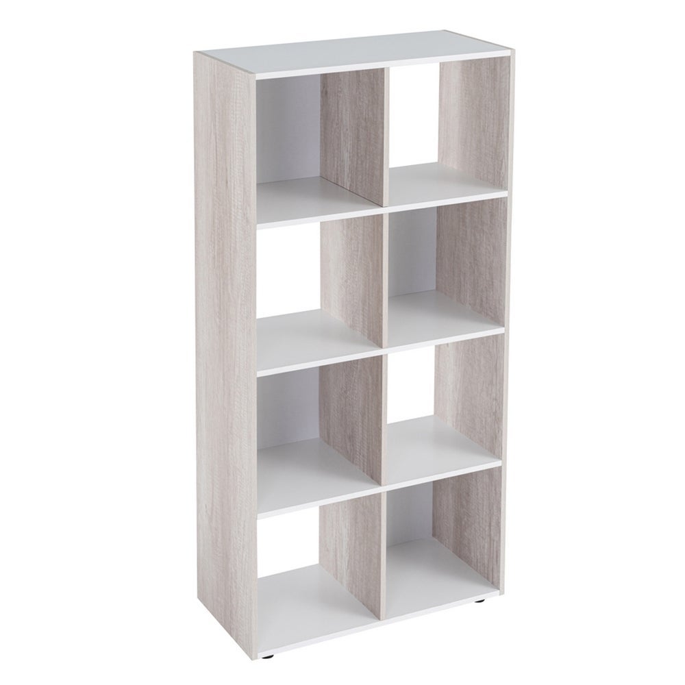 Estantería Cubo 8 huecos de laminado blanco y roble claro de 120x60x30 cm Tablero laminado de 12 mm. Soporta 10 kg por balda. Patas regulables en altura. Medida interior de cada hueco: 28x29x28 cm CasaSelección