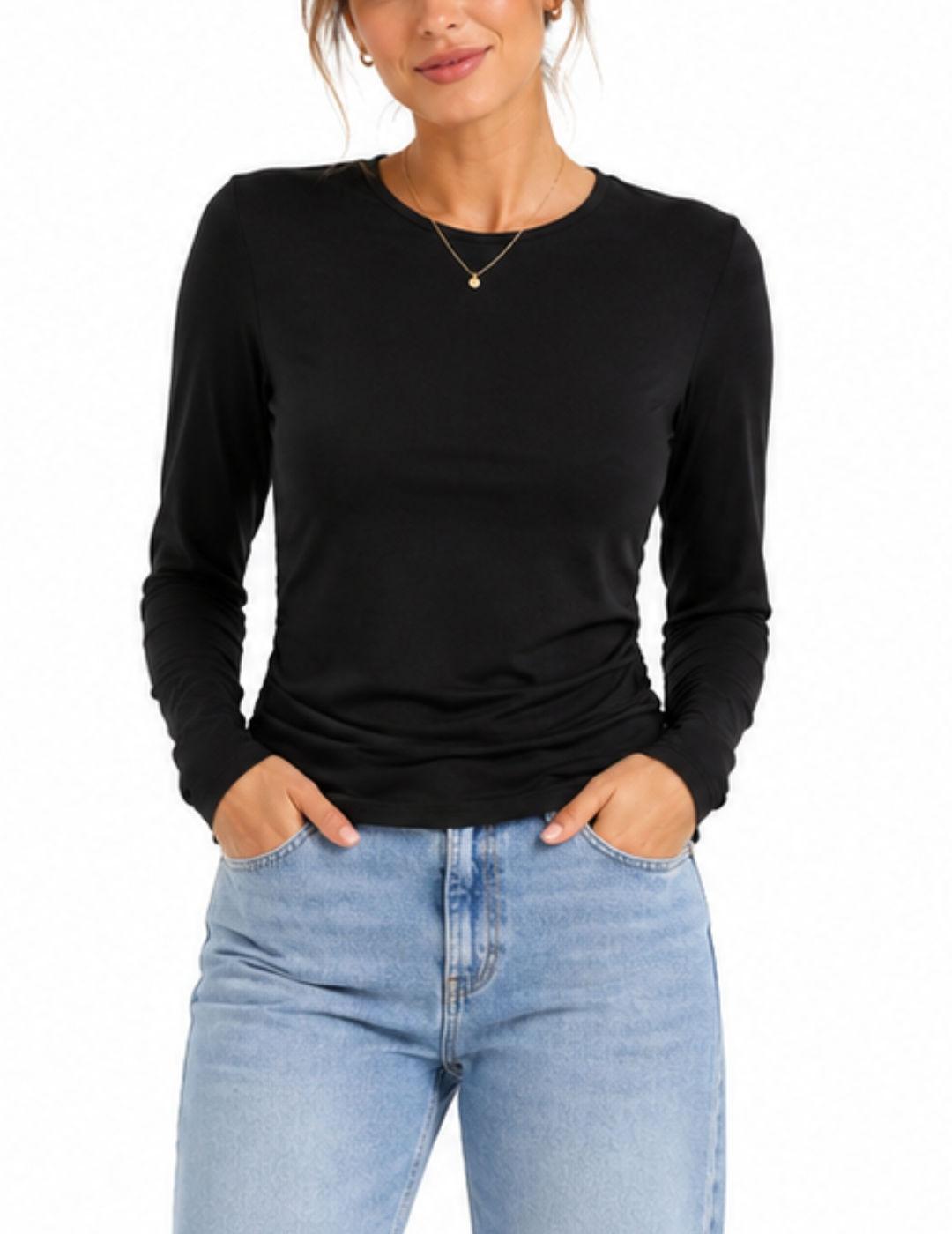 Camiseta Only Mira negra manga larga fruncida para mujer