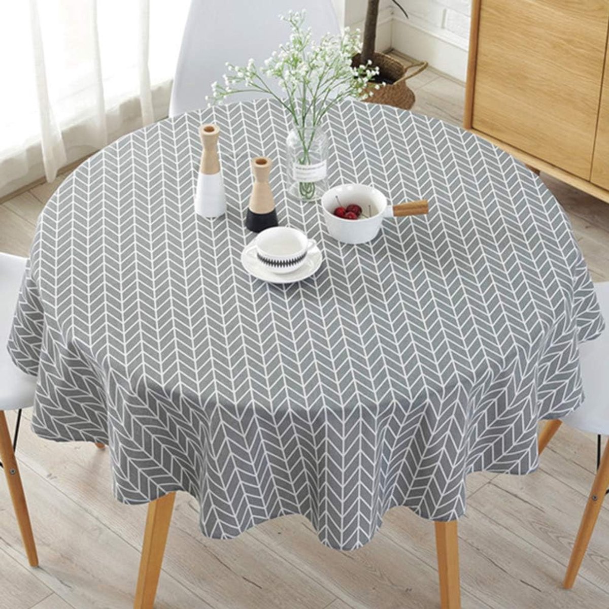 Mantel redondo a rayas con estampado floral, lavable, ideal para decoración de restaurantes, fiestas, reuniones familiares y picnics. 1 unidad (flecha gris, 150 cm).