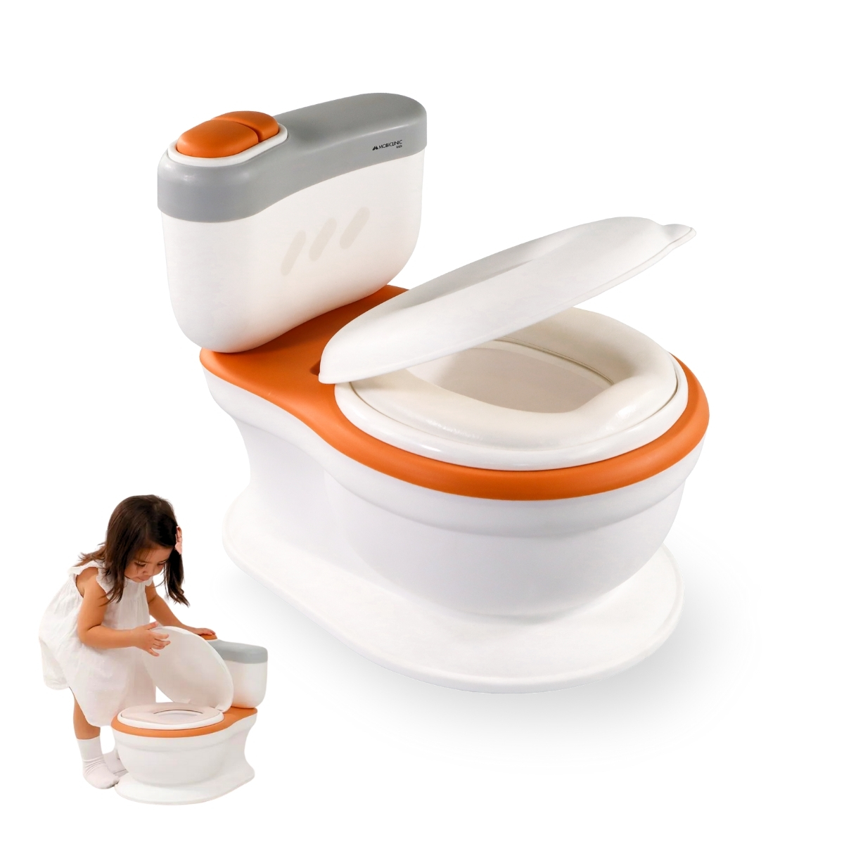 Orinal bebé Toikid Mobiclinic® Edad 1-6 años Con tapa Sonido de descarga Compartimento para papel higiénico Funciona con Pilas Cubeta extraíble Asiento impermeable Naranja