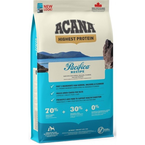 Acana Pacífica | Pienso premium sin cereales para perros adultos, elaborado en Canadá con ingredientes locales. 70 % de pescado salvaje y 30 % de fruta, verdura y extractos vegetales. Con proteínas naturales. | 11.4 Kg