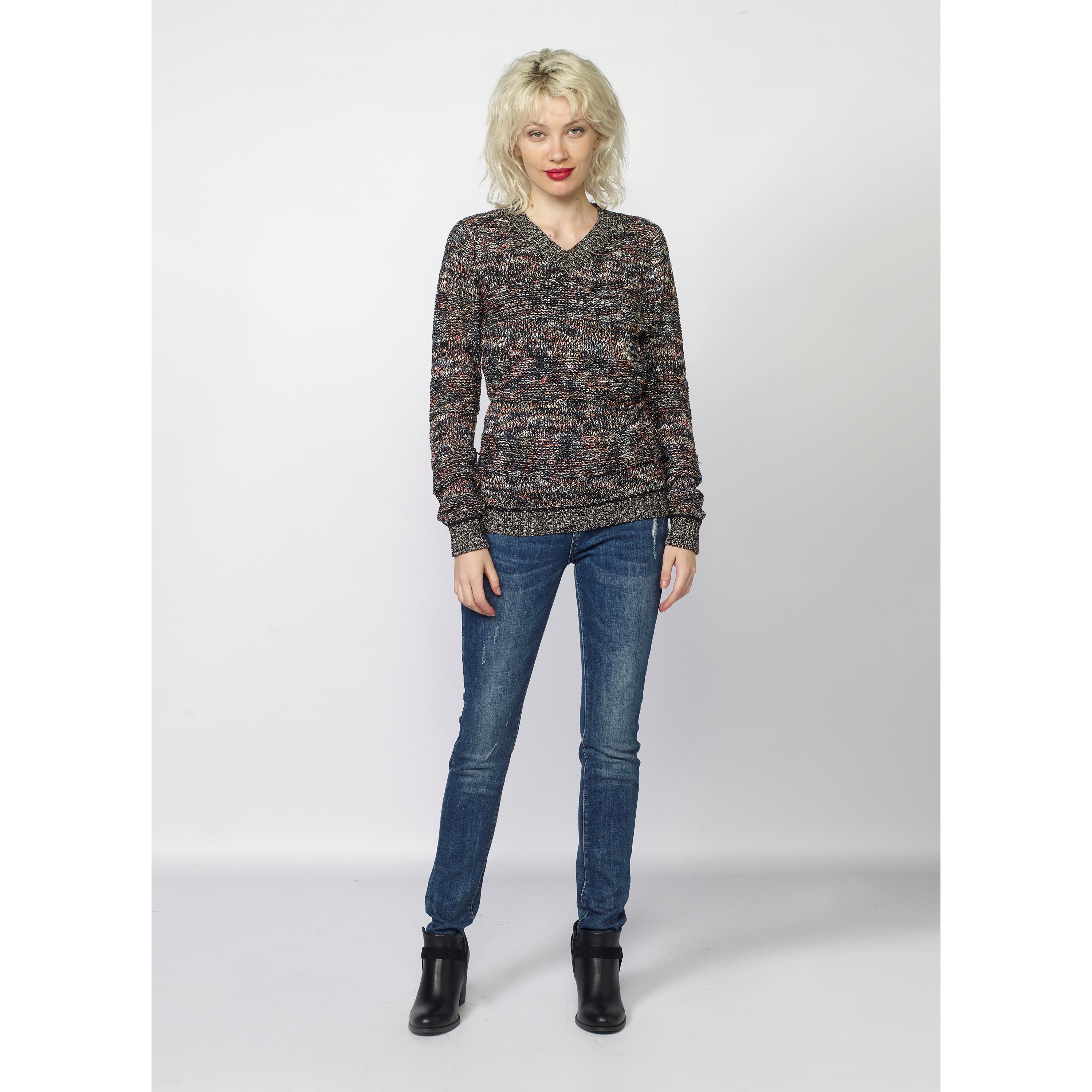 Koroshi - Jersey de mujer punto grueso cuello pico jaspeado multicolor en tonos tierra, teja, crudo y negro con algodón y cachemira 95/5