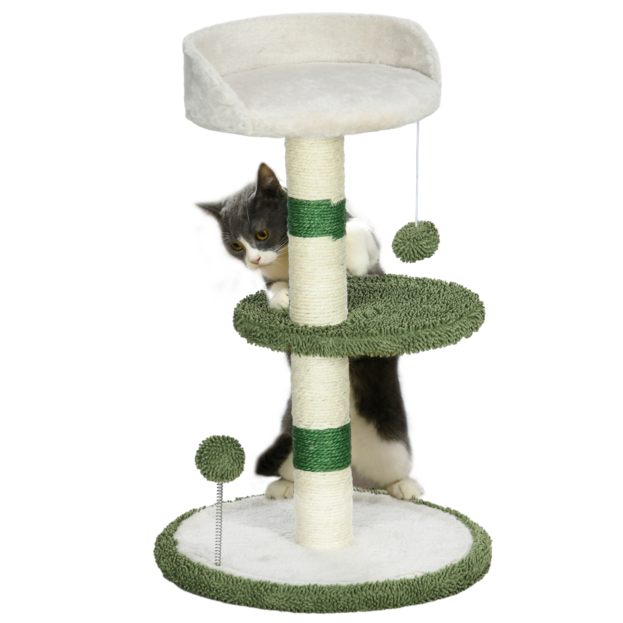 PawHut Rascador para gatos pequeño, redondo, 64 cm, con zona de descanso, pelota de juguete, rascador de sisal para gatos, poste de escalada para gatos de hasta 4 kg, muebles para gatos, blanco, verde