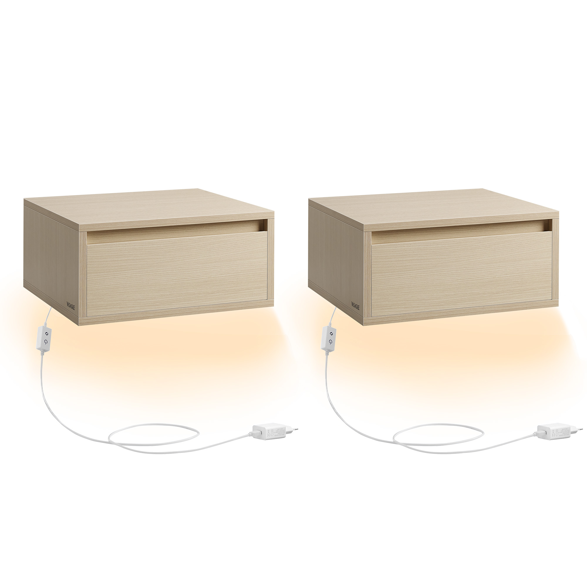 VASAGLE Mesita de Noche Colgante, Juego de 2, Luz con 3 Pantallas, Estante de Pared con Cajón, 35 x 40 x 18 cm, Estilo Moderno, Sala de Estar, Dormitorio, Negro Ébano/ Beige Natural/Blanco Nube