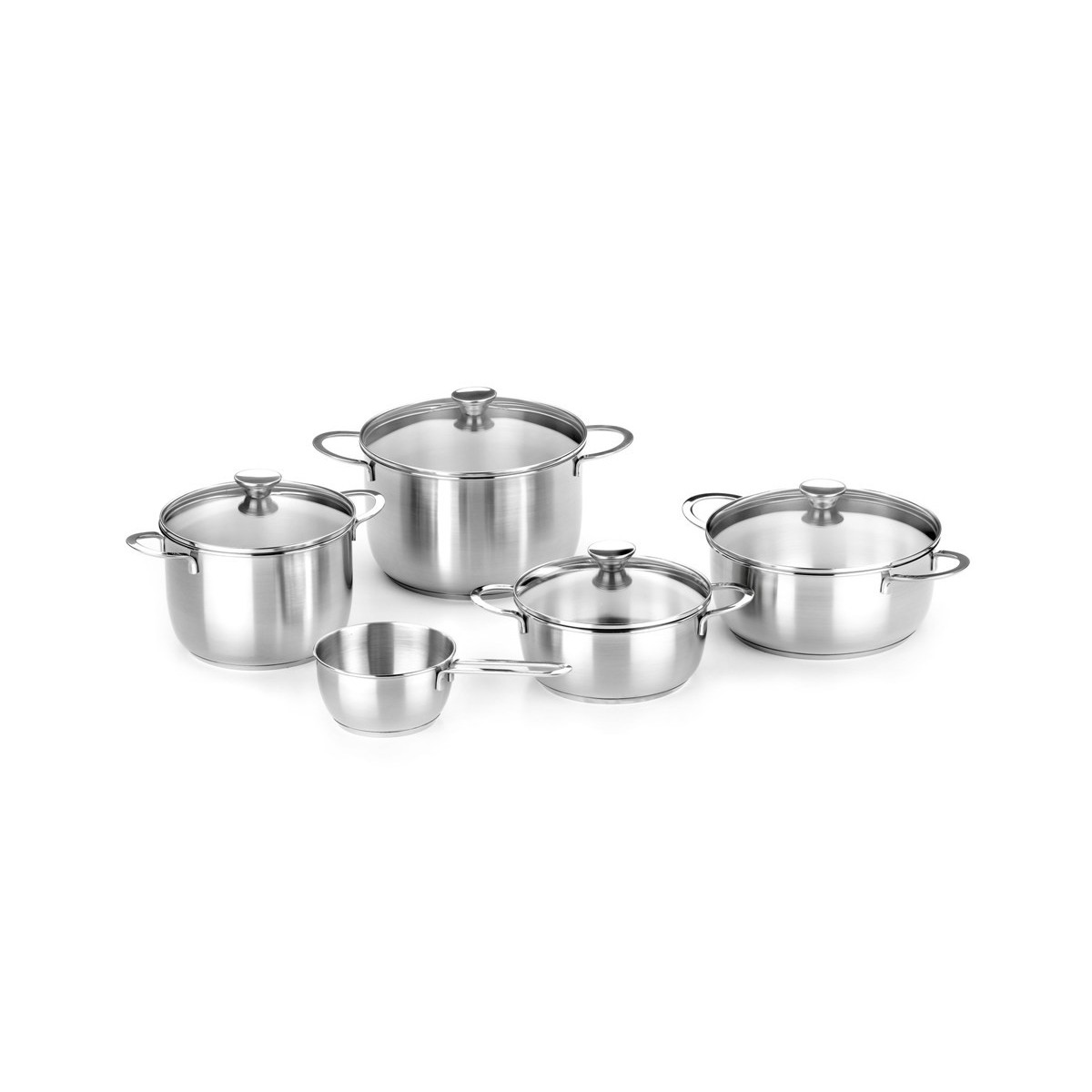 Bra - Batería de Cocina 5 Piezas Ancora, Acero Inoxidable, Cazo 16 cm, Ollas 20 y 24 cm, Cacerolas 20 y 24 cm, Incluye Tapa de Cristal
