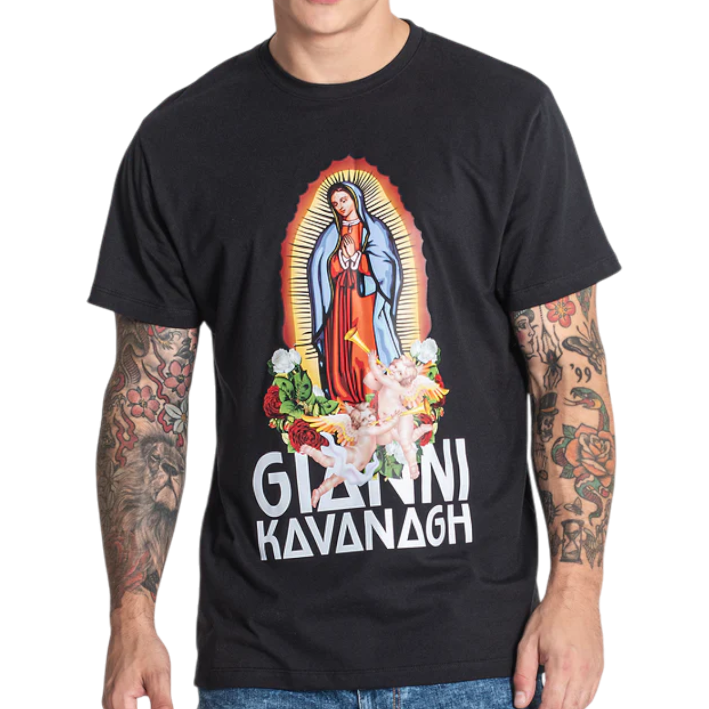 Camiseta Gianni Kavanagh Sacra Negro Hombre Moderno, Ropa casual 95% Algodón, 5% Elastano
