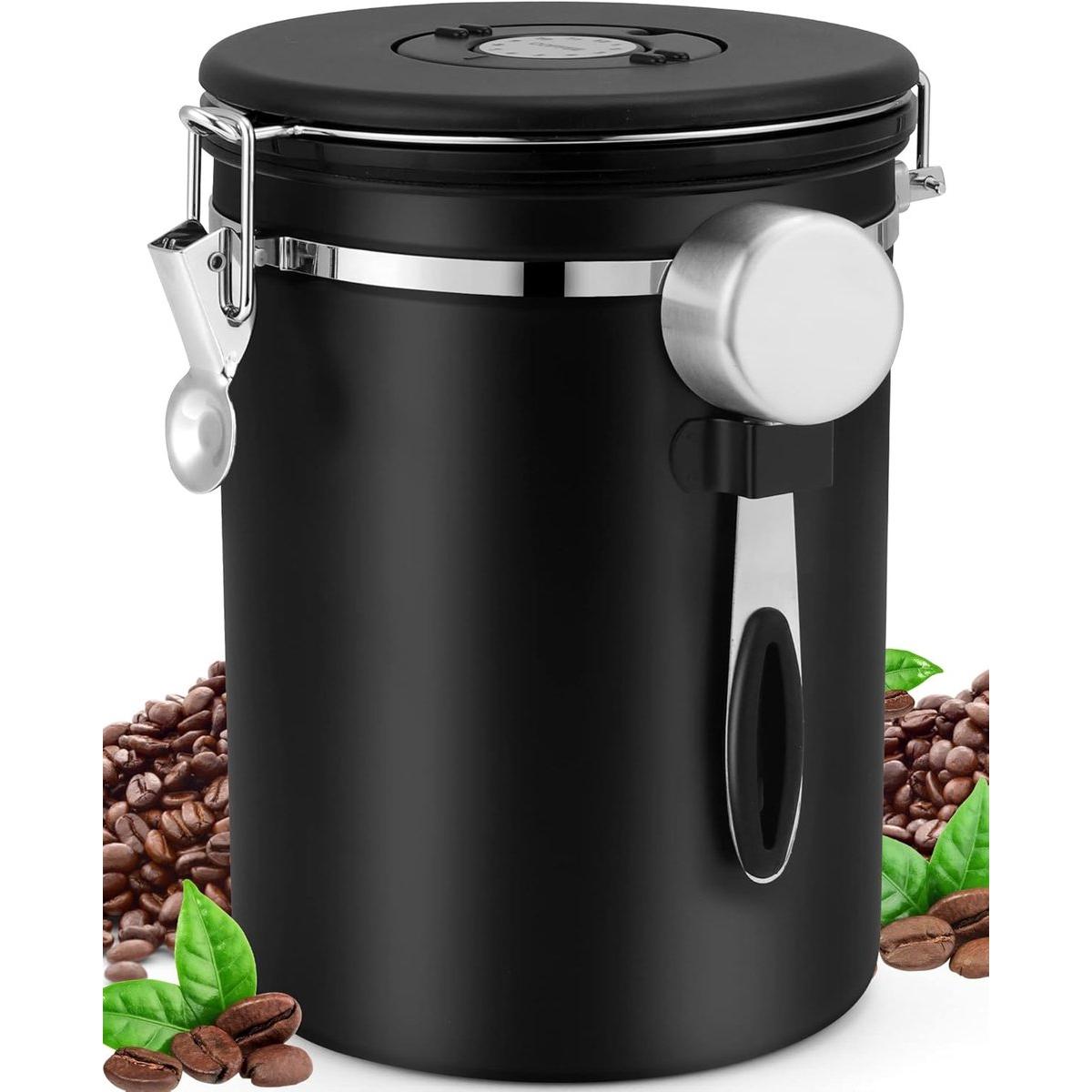 Lata de café hermética de acero inoxidable de 18 l - Tarro de almacenamiento - contenedor para granos de café - acero inoxidable hermético - cuchara medidora negra - contenedor de café con registro de fecha para granos de café - conserva más tiempo y fres
