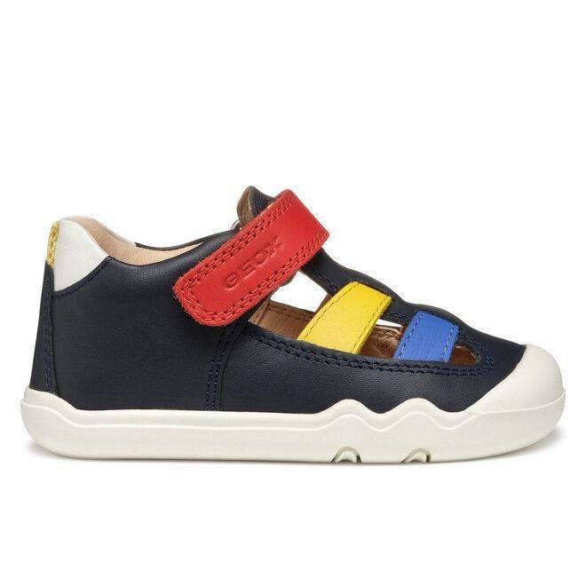 Sandalias niño Geox barefoot color azul navy y multicolor cangrejeras de piel Geox de la gama Barefeel calzado respetuoso Geox respira con cierre de tira adherente muy comodos