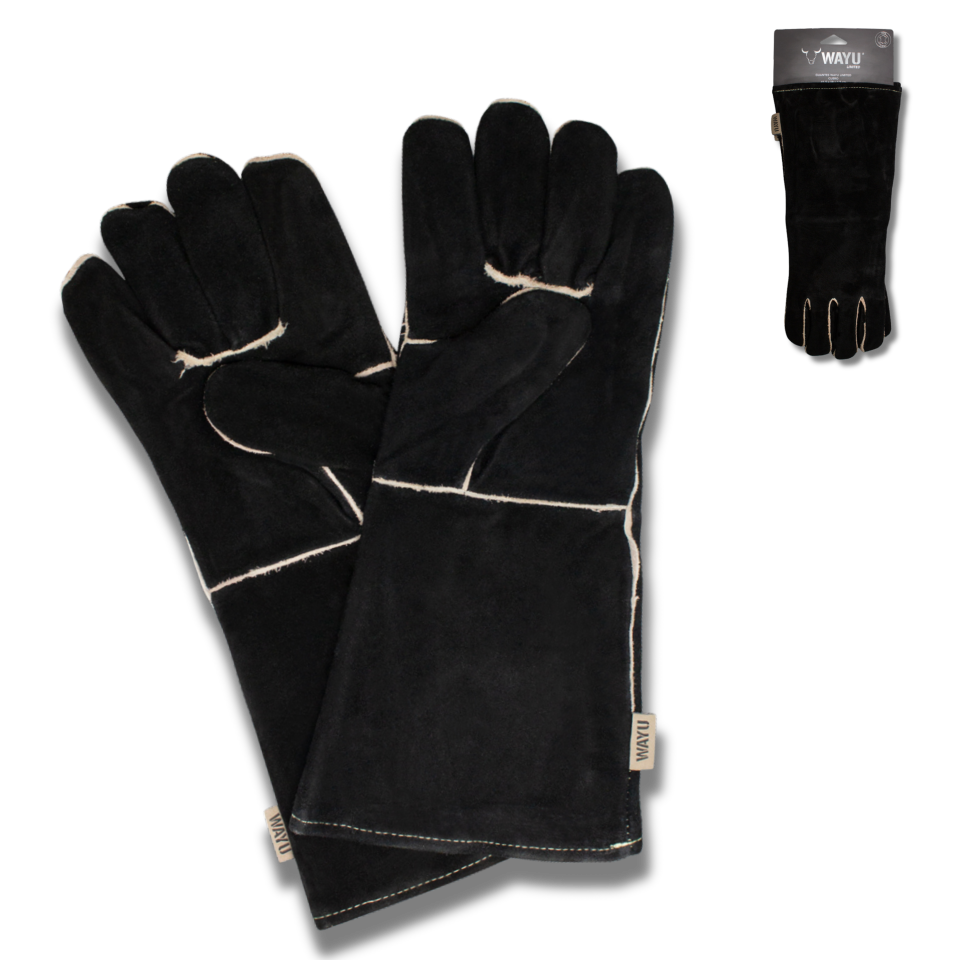 Guantes de Cuero Negro para Uso en Barbacoa, Horno, Parrilla, Chimenea u Otros. Resistente a Altas temperaturas. De Uso Profesional. Grill Gloves. Medidas 41 cm Largo, 19 cm Ancho.
