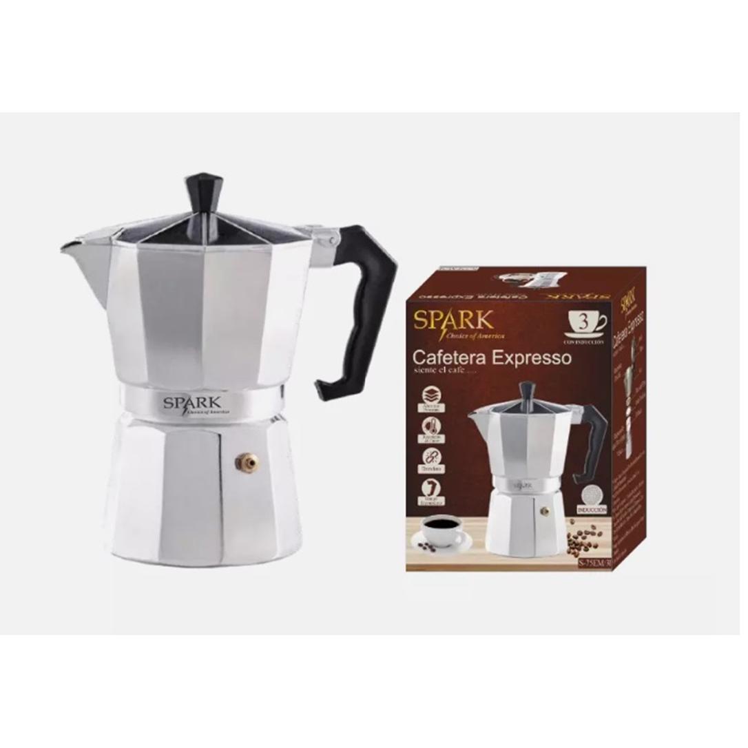 SPARK. Cafetera Expresso Clásica de INDUCCIÓN. 3 TAZAS. de Aluminio Premium. Mango Ergonómico. Café. Italiana.