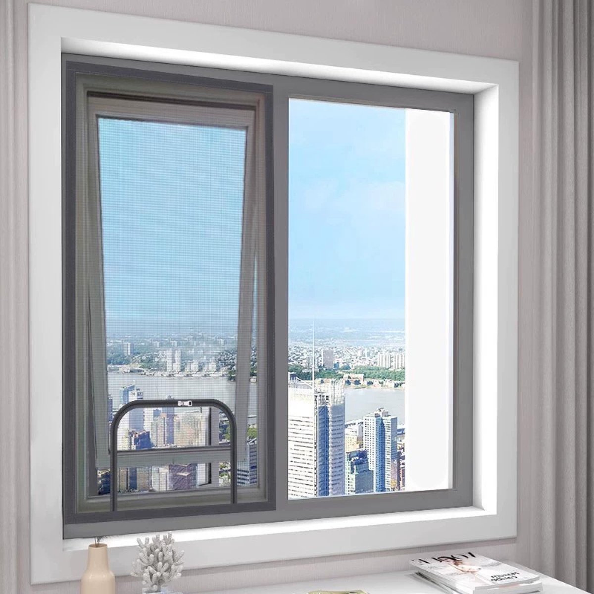 Mosquitera para ventana - 50x80cm - Malla antiinsectos con velcro y cremallera - Autoadhesiva - Red universal para ventanas - Ideal para terrazas en verano - Transpirable - Reutilizable - Gris
