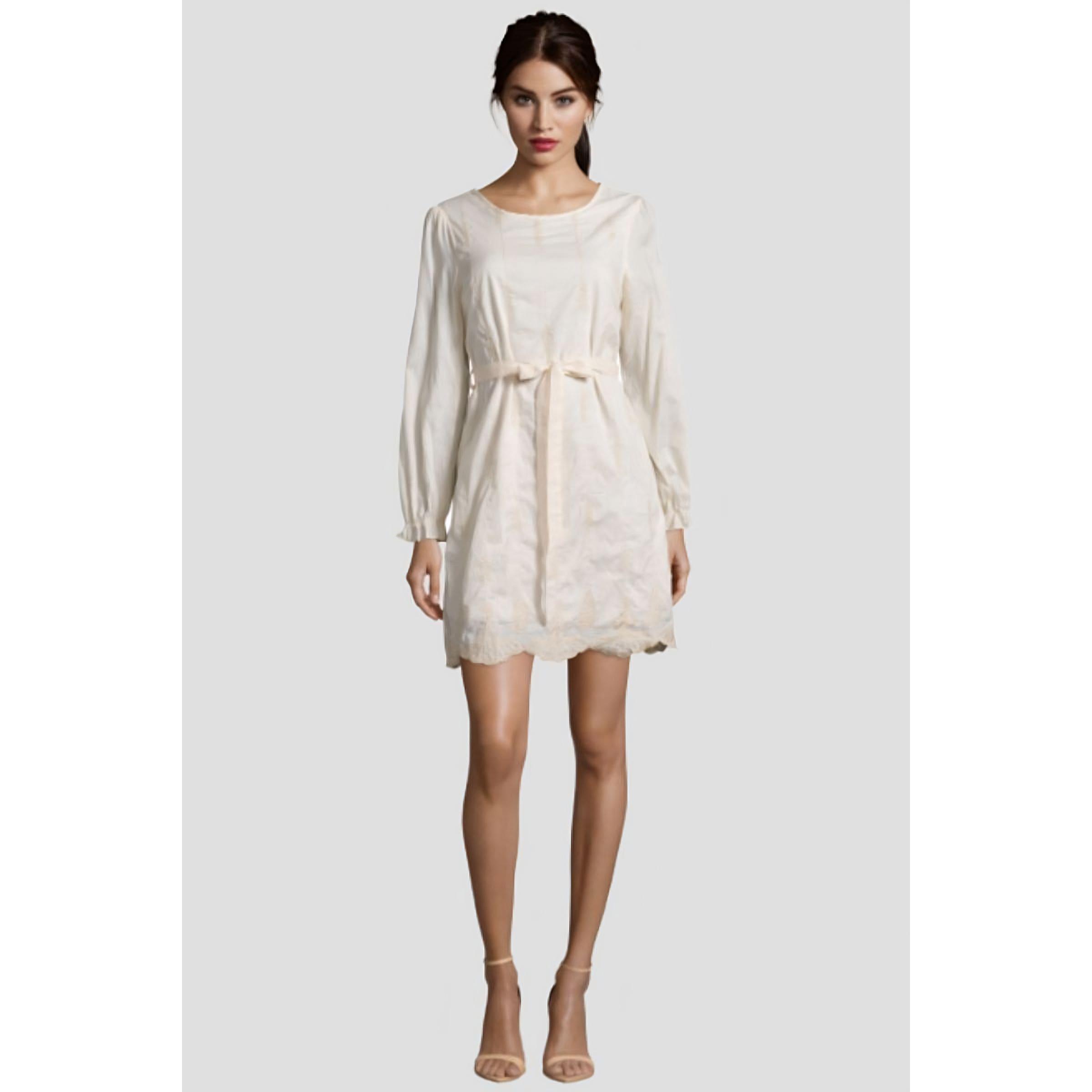 Vestido corto mujer, dress elegante, diseño bordado, manga larga, cintura ajustada con cinturón desmontable, cuello redondo, forro interior, estilo femenino, color beige, talla S, cómodo y versátil ✅Entrega 24/48h
