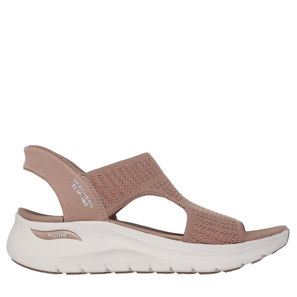Cómoda  Sandalia de mujer Skechers SLIP-INS ARCH FIT 2.0  tejido marrón. Skechers Hands Free Slip-ins® talón Heel Pillow para calzar sin manos. Planilla Plush Foam® Altura Tacón bajo (1-3 cm) Referencia 119466-MOC