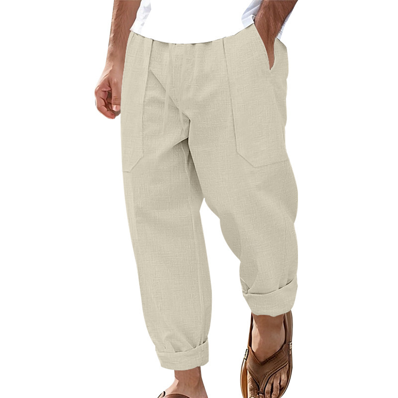 TK Pantalones de hombre de algodón y lino de estilo americano de talla grande, transpirables y absorbentes del sudor, de color sólido, pantalones casuales básicos de pierna ancha para hombre