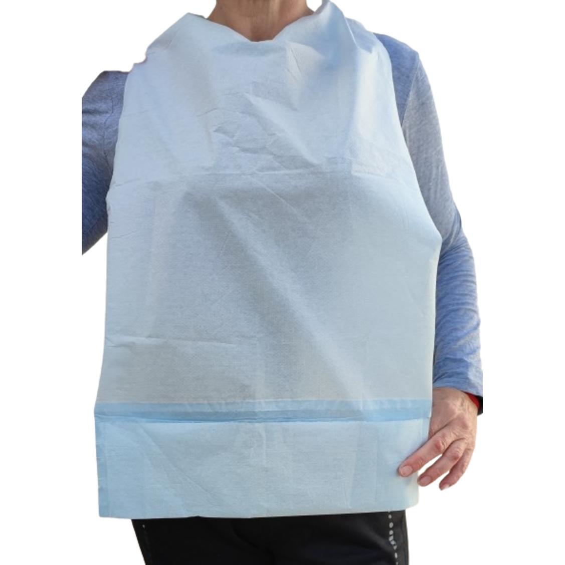 Babero desechable 125 unidades, impermeable con bolsillo, con cintas, especial niños y adultos con dos capas. Azul cielo y blanco