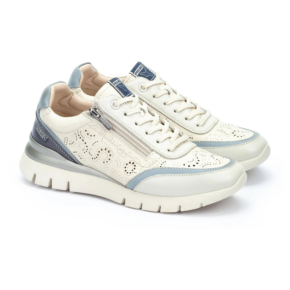 PIKOLINOS CANTABRIA W4R-6622C2 Deportivo con calce extra para mujer, en piel de primera calidad color nata y celeste, ultraligero.
