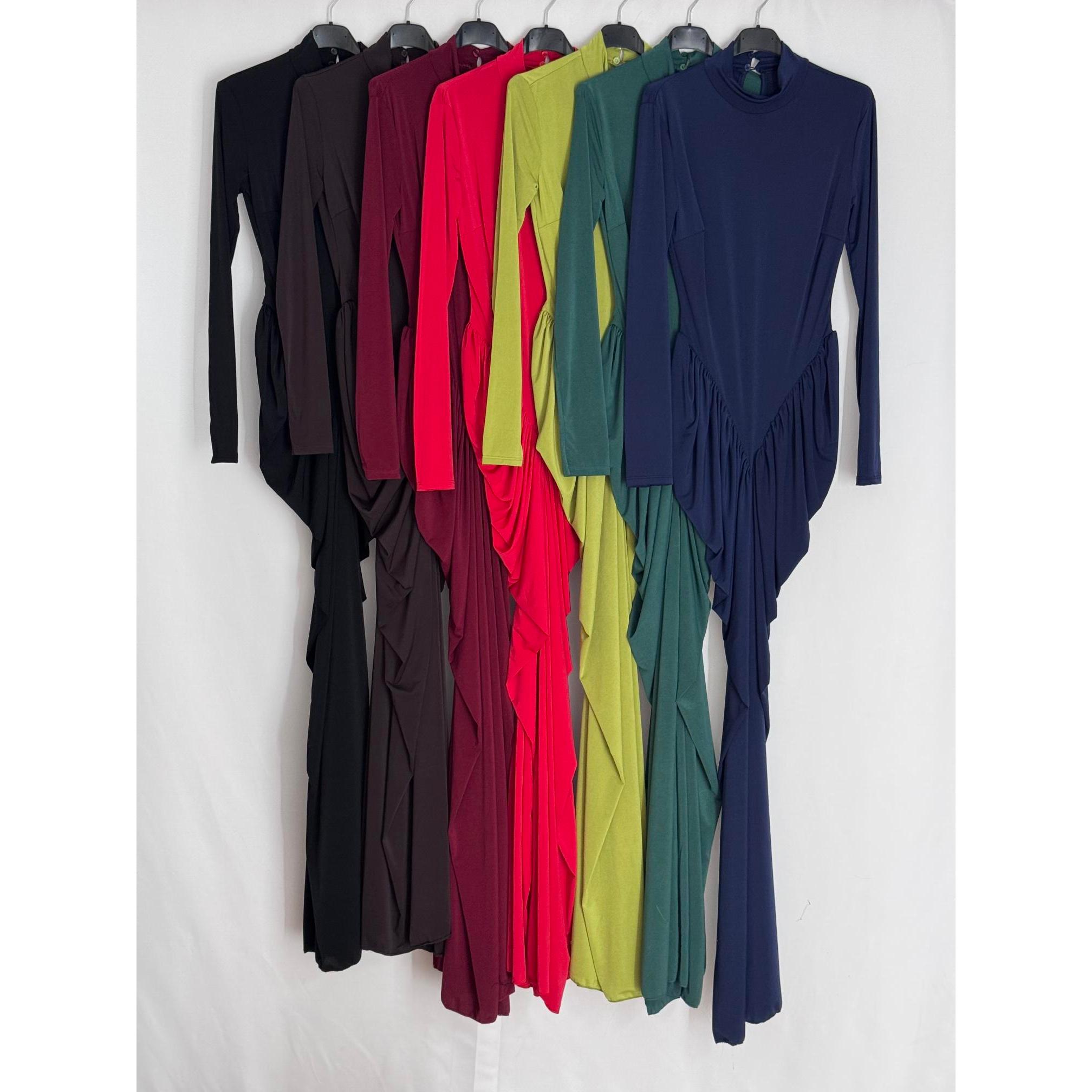 Vestido Largo de Crepé Elástico con Cuello Alto y Espectacular Drapeado en Cintura V y Espalda. Talla Única Versátil (34-40) - Elegancia Sofisticada y Ajuste Perfecto para Invitada de Boda o Eventos Especiales.