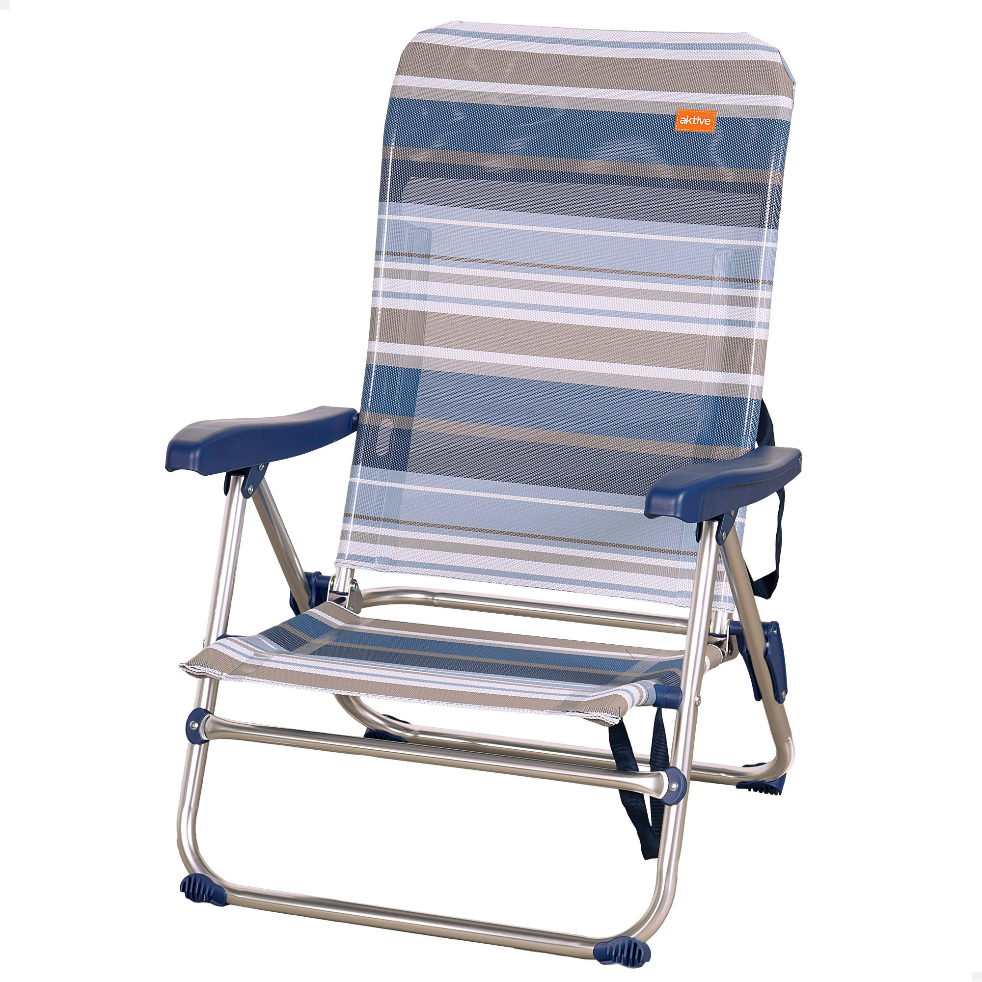 Aktive - Silla de playa plegable, diseño azul y gris a rayas, 47x50x85 cm, peso máximo 100 kg, respaldo reclinable 5 posiciones, sin tubo delantero, topes antivuelco, aluminio y textileno, fácil transporte con asa, sillas playa multiposición