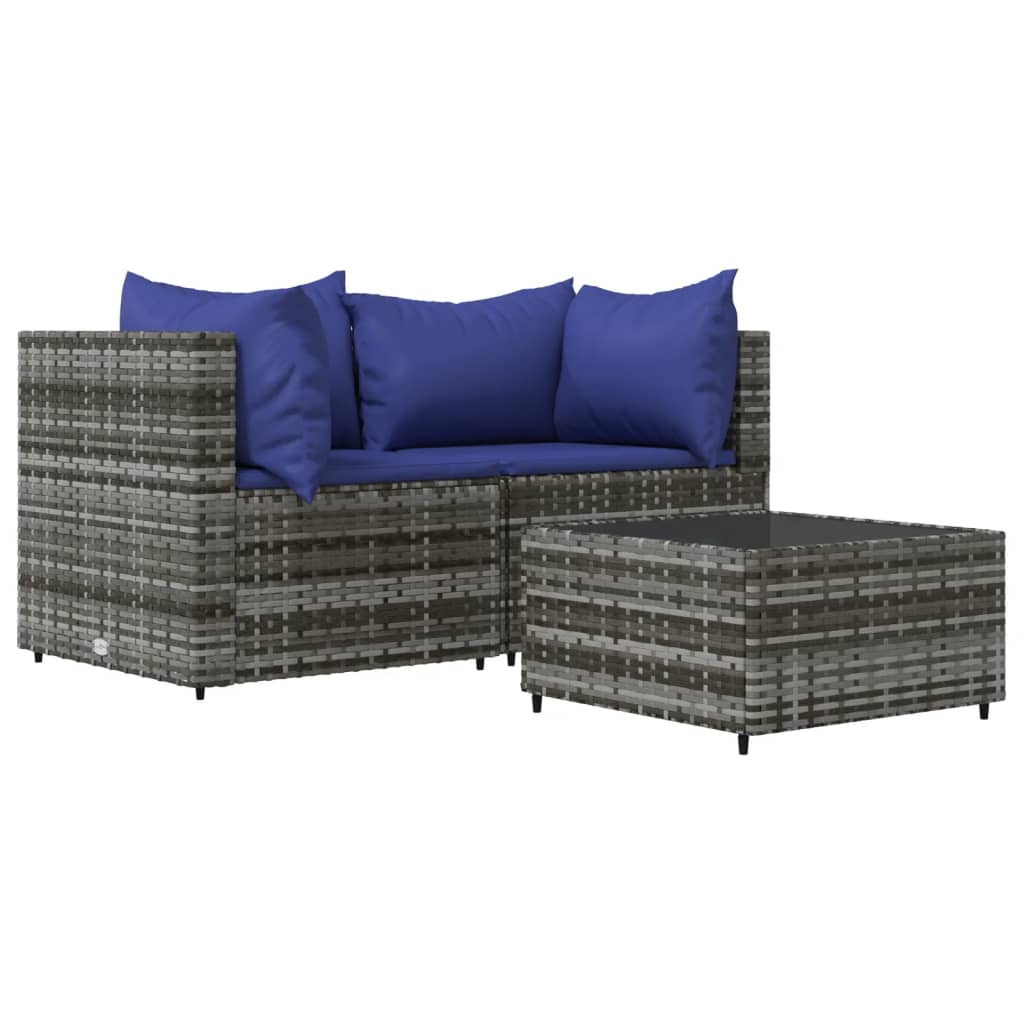 vidaXL Set de muebles de jardín 3 pzas y cojines ratán sintético gris
