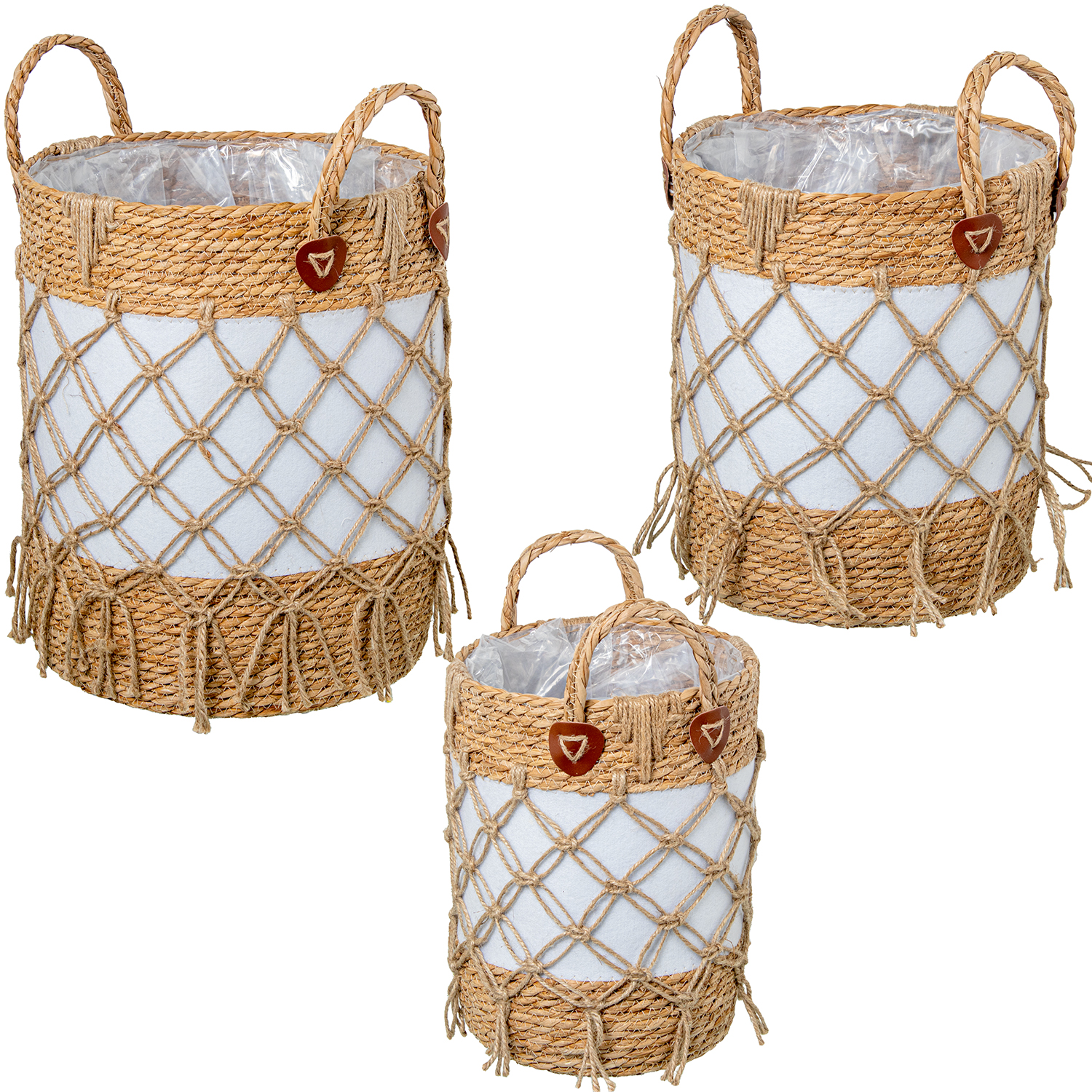 Set 3 cestos mimbre natural tela blanca con flecos 33x43 y 30x37 y 24x31cm