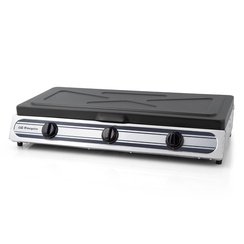 Orbegozo FO 3510 Hornillo a Gas Inox – 3 Quemadores (2 Triple Corona y 1 Normal), Encendido Piezoeléctrico, Uso Interior y Exterior, Categoría I3+