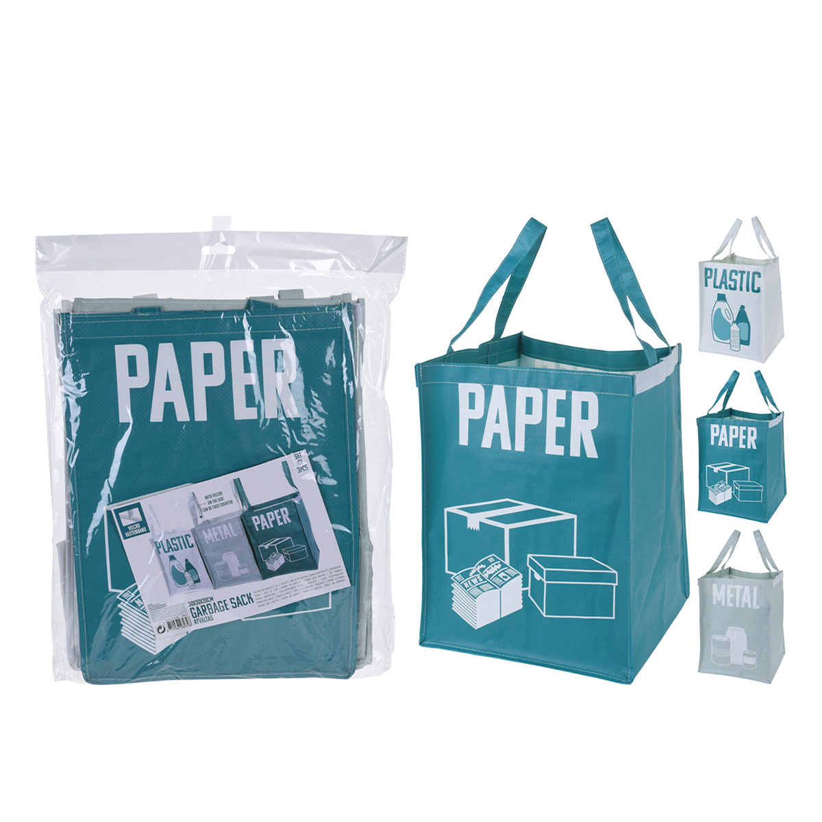 BigBuy Home - Bolsas de basura Paper-Plastic-Metal de polipropileno, pack de 3 unidades, medidas 30 x 39 x 30 cm, colores turquesa, blanco y gris