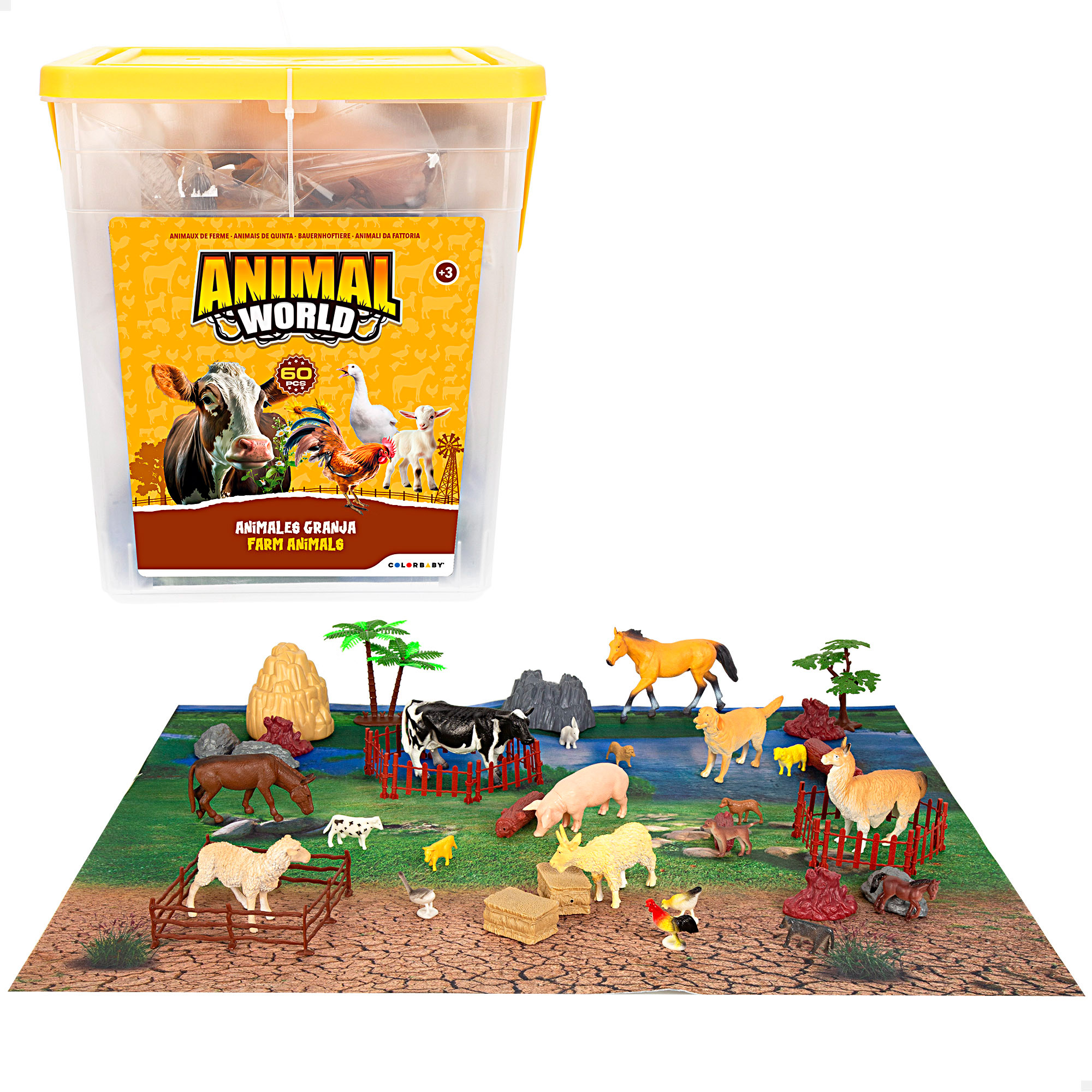 COLORBABY Animal World - Cubo animales de juguete, muchas piezas con figuras miniatura, incluye tapete terreno, set educativo niños, juego simbólico, figuras realistas animales variados, diversión y aprendizaje desde 3 años