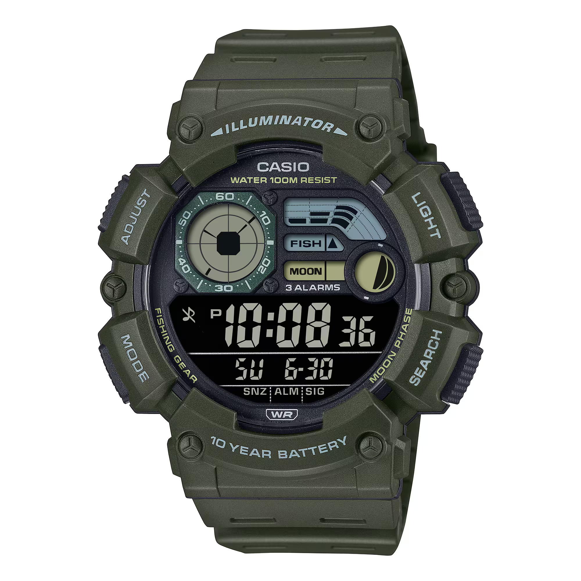 Casio - Reloj de pulsera digital WS-1500H-3BV para hombre, resistente al agua hasta 100 m, con hora dual, fase lunar, modo pesca y batería de 10 años