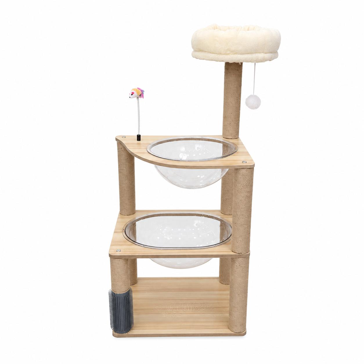 Rascador para Gatos Multinivel con Cápsulas Transparentes de Acrílico y Cama Superior Acolchada, Estructura de Madera y Postes de Sisal Natural para Gatos Pequeños y Medianos, Ideal para Salón o Dormitorio