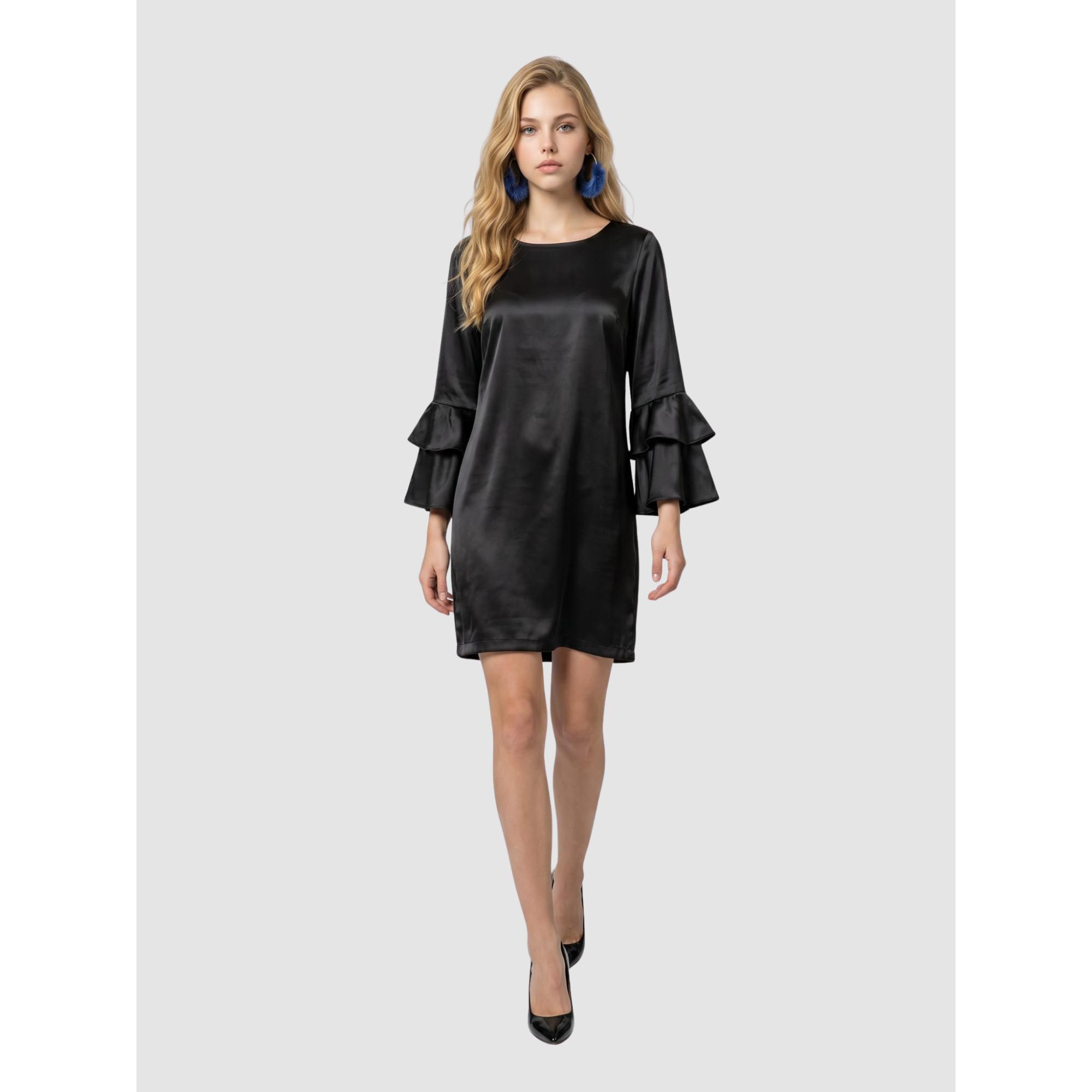 Vestido Marca ANANY satinado para mujer de poliéster 100 %, elegante y fluido para bodas, comuniones y eventos especiales con cuello redondo y mangas largas con volantes- REF: AN-250105