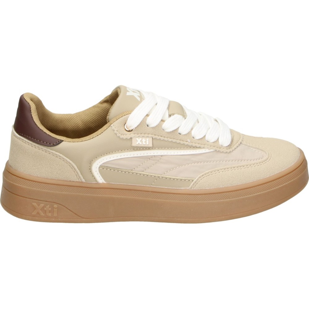 XTI | Zapatilla con Plataforma XTI para Mujer – Deportiva Casual Beige con Detalles en Marrón – Sneakers con Cordones – Plataforma Media y Cómoda – Estilosas – Modelo 146278