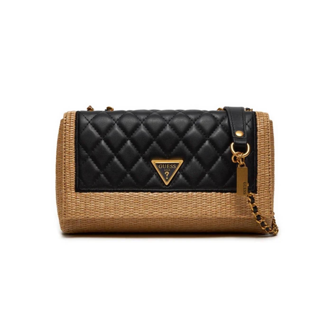 Bolso Guess Delfa Xbody beige y negro de rafia para mujer