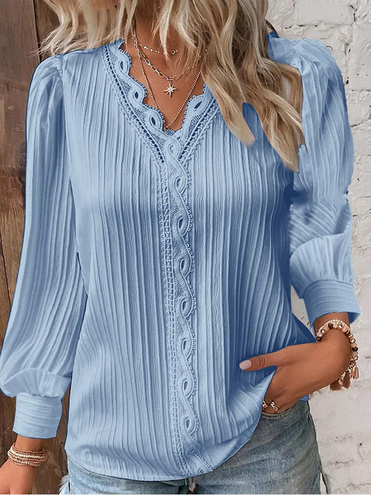 TK Blusa Elegante De Mujer En Chiffón Negro Con Detalles De Encaje Y Manga Flare Diseño Vacío Y Sencillo Para Oficina