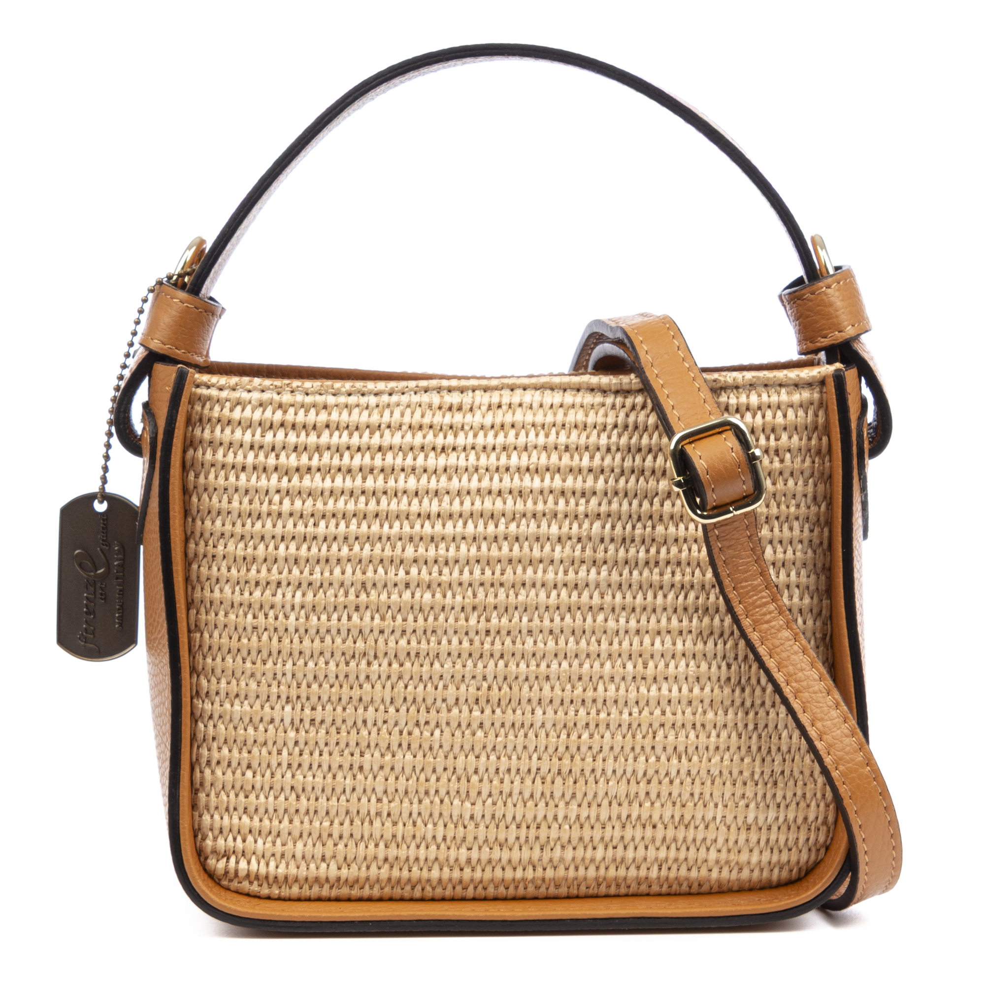 FIRENZE ARTEGIANI Bolso de mano Mujer. Fabricado en piel Dollaro, con parte anterior y posterior en paja. 20x10x16cm.