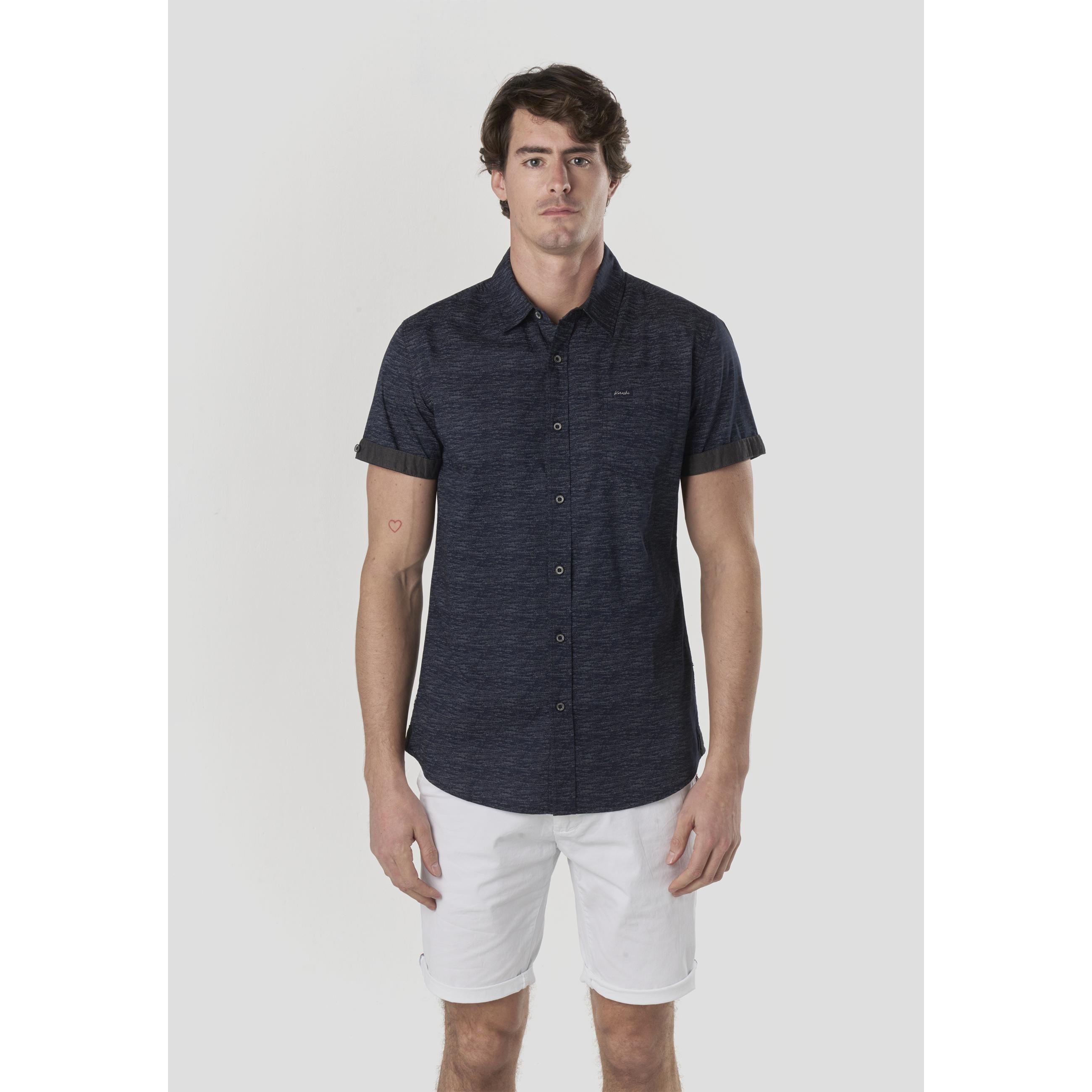 Koroshi - Camiseta hombre manga corta de popelín 100% algodón con bolsillo de pecho y vuelta de manga en contraste, ideal para primavera y verano