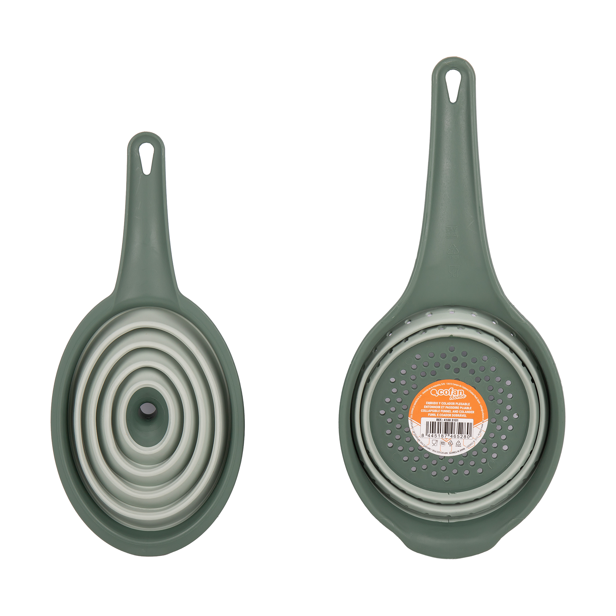 Cofan Pack de embudo y colador plegables en color verde | Capacidad: 0,6 litros | Ahorro de espacio | Cocina y camping