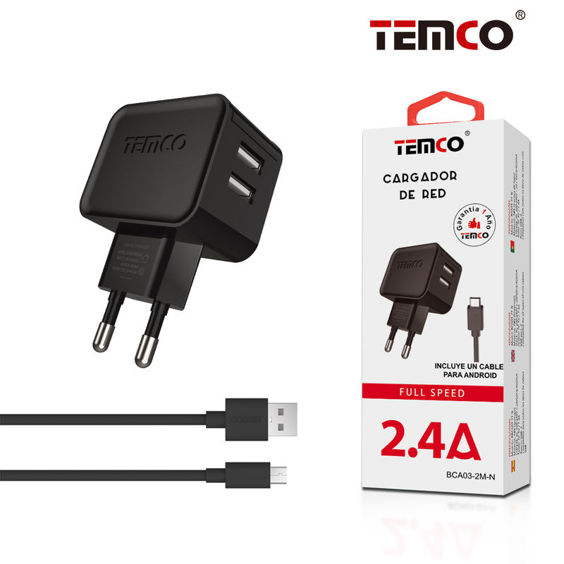 TEMCO| Cargador de Red con 2 Puertos USB A, Carga Rapida 2.4A, Adaptador con Salida Lateral Compatible con Samsung, Oppo, Huawei, Vivo, Xiaomi, Iphone, Ipad, Tablet, Camara, Lampara, Smartphone, etc. Cable de 1m Opcional de Micro USB, Tipo C o Lighiting