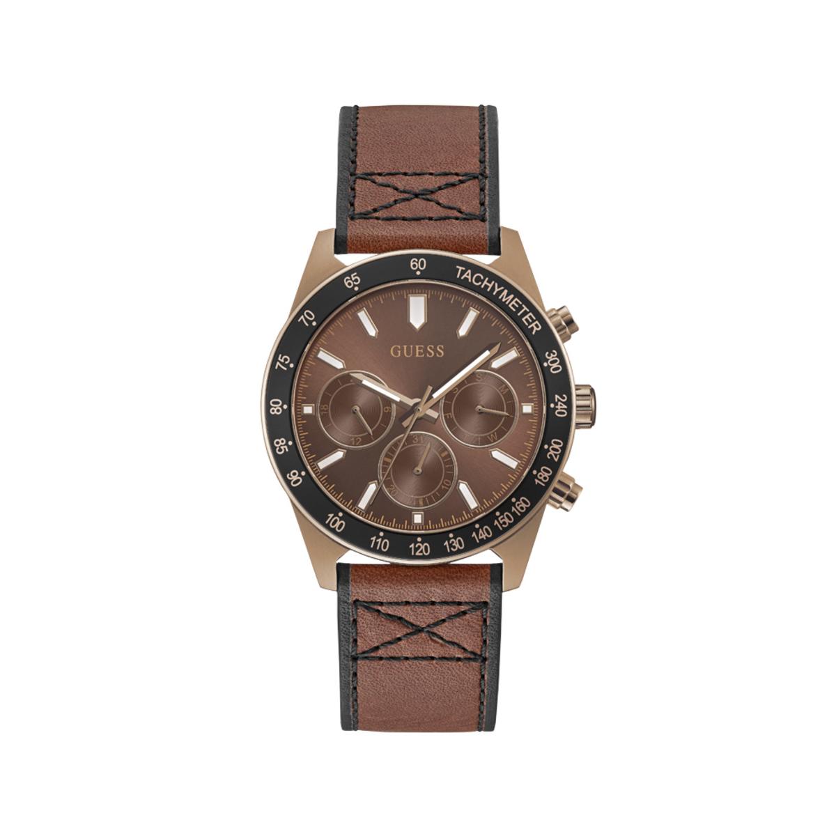 Guess Reloj Hombre Caja De Acero Pulsera Genuine Leather De Color Marrón Resistente Al Agua 5 Atm Gw0331g1