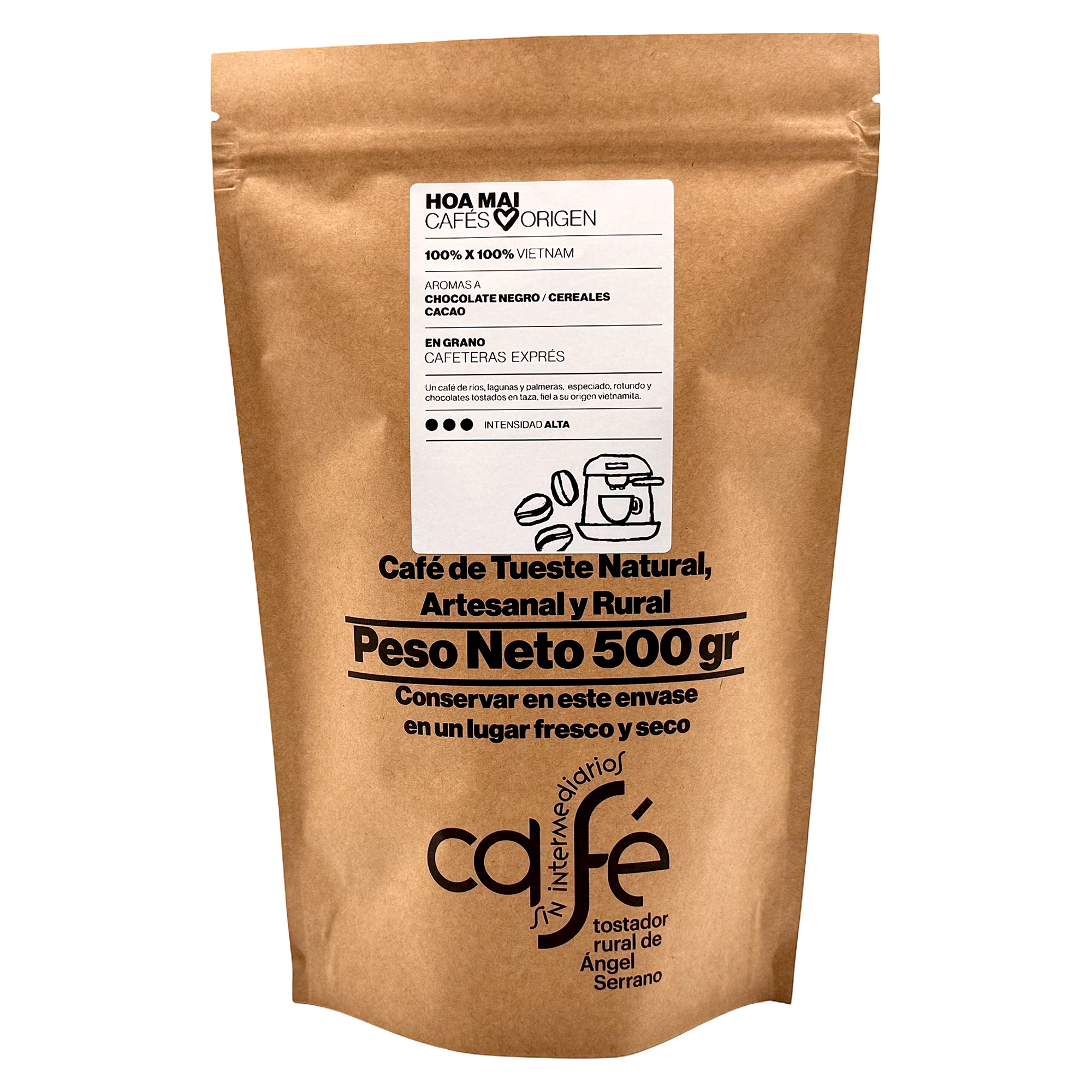 CAFÉ SIN INTERMEDIARIOS - 100% Vietnam - Hoa Mai - Ideal para tomar solo - Intensidad de sabor Alta - Recién tostado y envasado - 500 g Grano o Molido (Exprés, Filtro, Italiana, Americana, Superautomática)